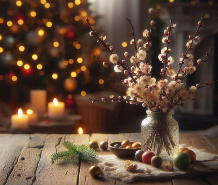 Vánoční motiv. Na pozadí vánoční stromeček a výzdoba, v popředí stůl s vázou s Barborkami - rozkve